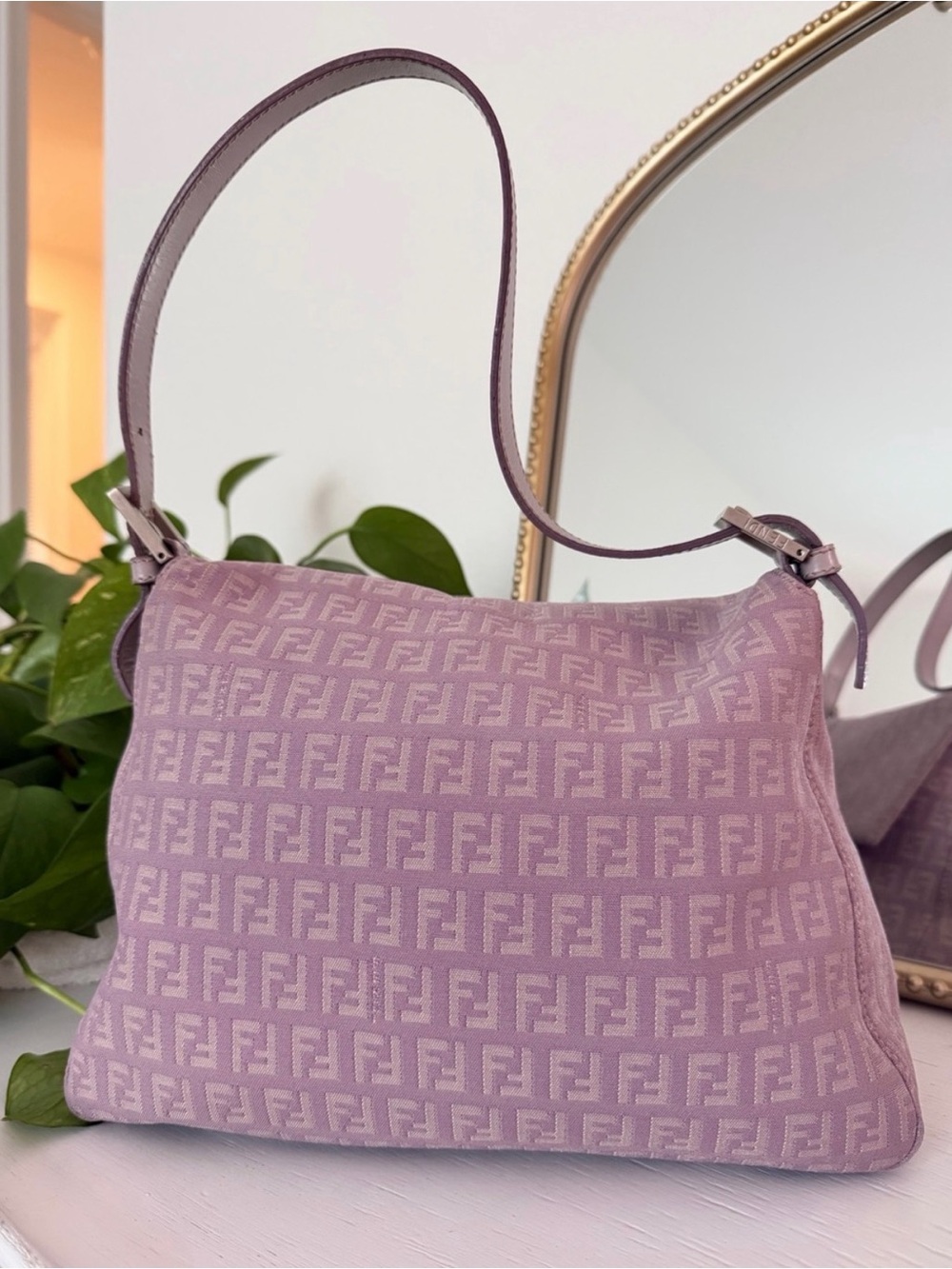 Vintage Fendi Mama Baguette RARE Lilac Zucca FF Shoulder Bag Authentic W/ COA - Picture 4 of 11